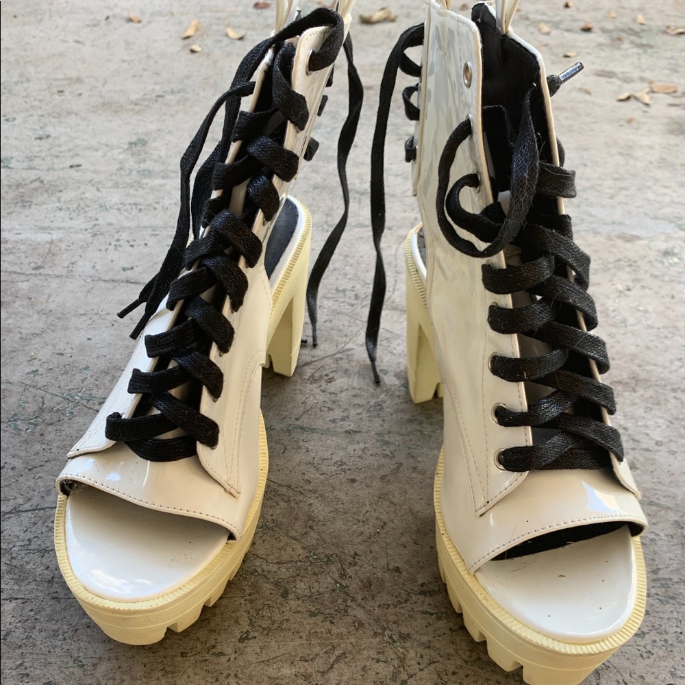 Privileged White Began Patent Leather combat style open toe sandals . Size 7 1/2